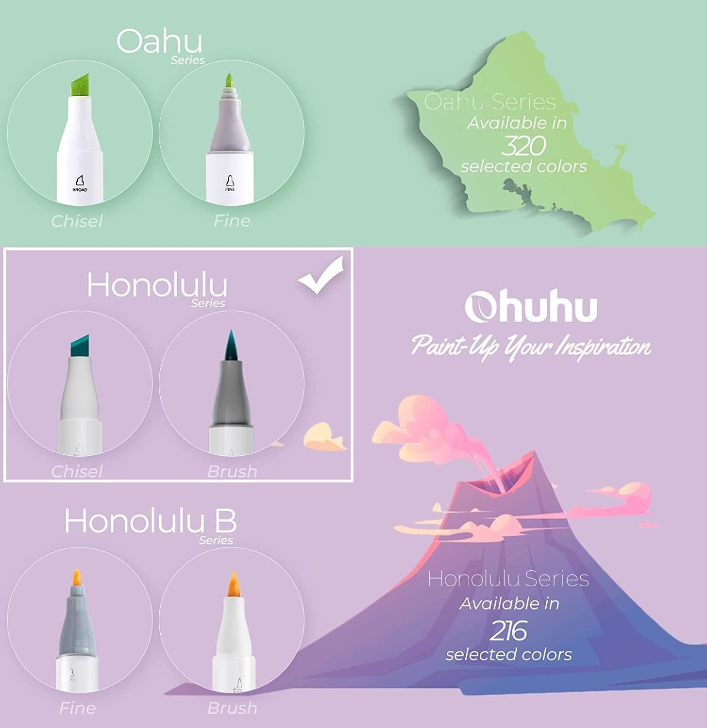 Ohuhu Alcohol Markers 24 Skin Tone Set, Chisel & Brush Tips, Honolulu Series, Refillable for Artists & Coloring
