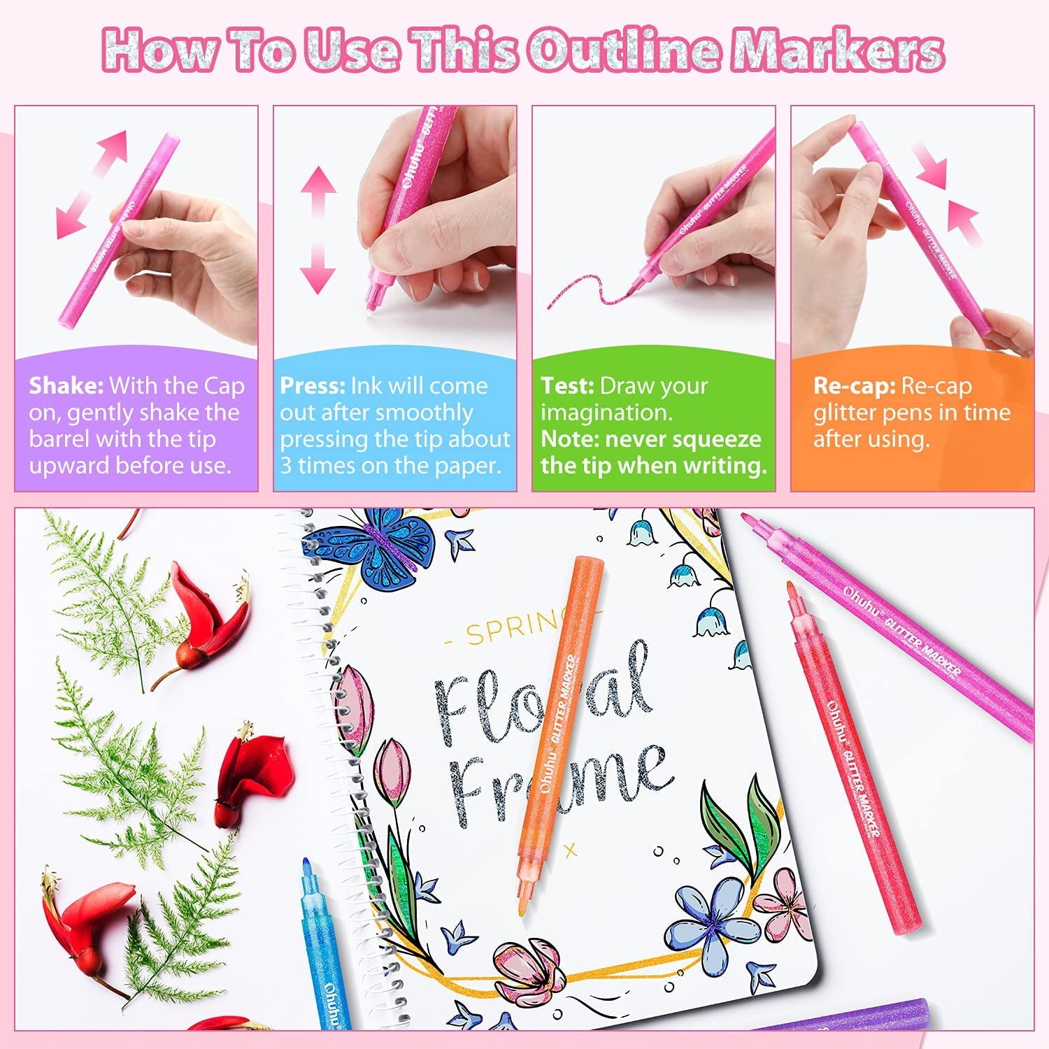 Ohuhu Glitter Markers, 12 Metallic Colors, Fine Tip, Water-Based Ink, for DIY Crafts