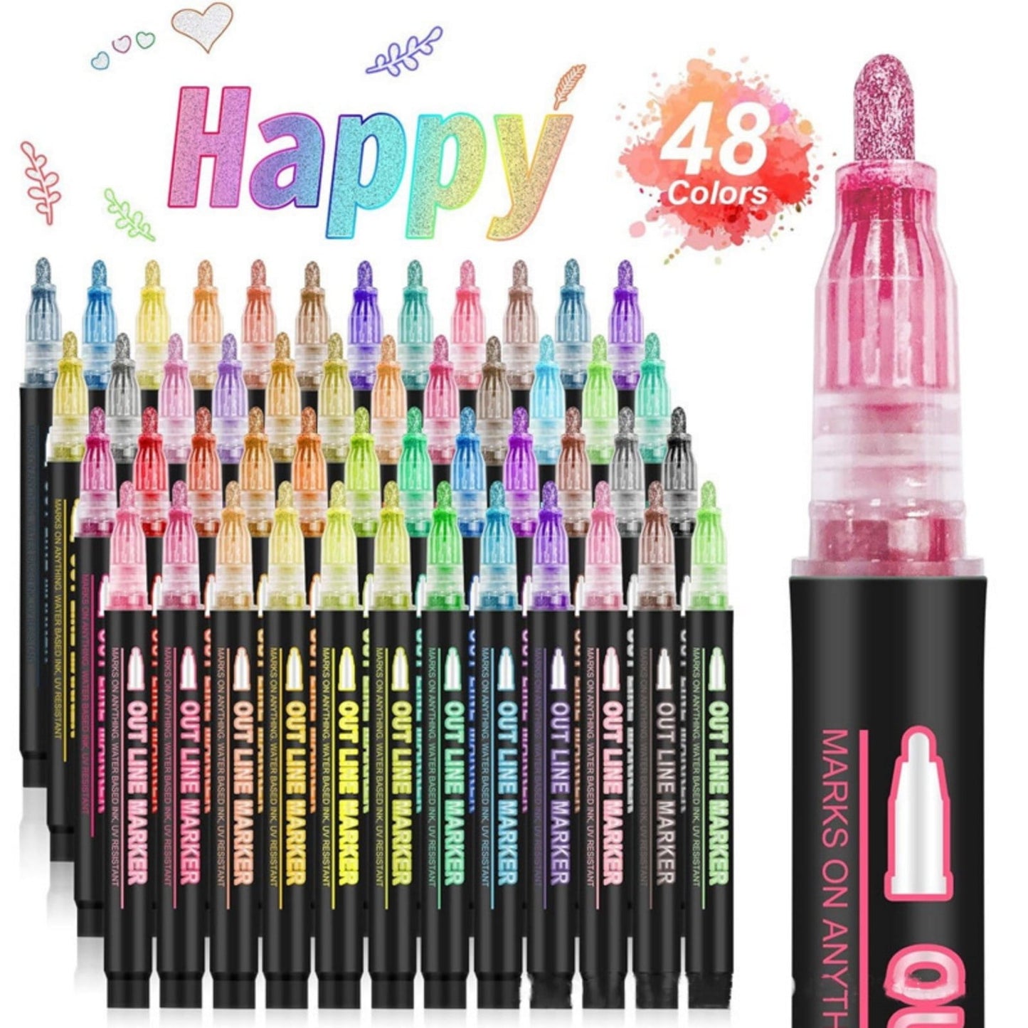 Summercome Outline Shimmer Glitter Markers, 48 Colors Double Line Shimmer Marker, Perfect for Doodling, Drawing, Art Supplies, Arts and Crafts, Stocking Stuffers, Birthdays Gifts