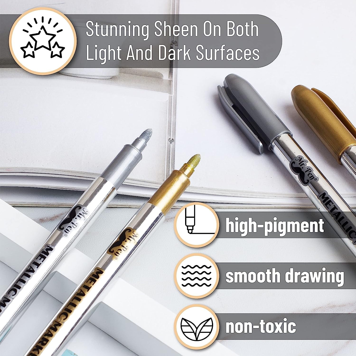 Mr. Pen- Metallic Paint Markers, 6 Pack, Silver and Gold, Silver Paint Marker, Gold Ink Pen