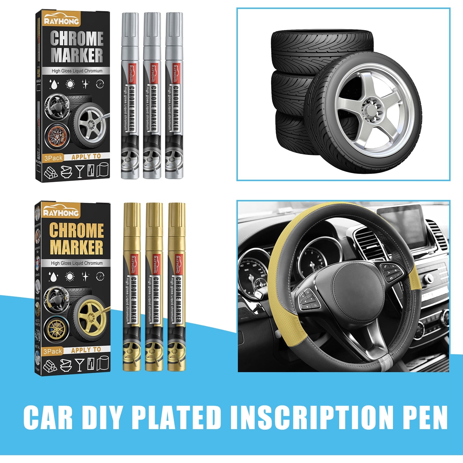 Liquid Chrome Paint Marker Pen,3PCS Liquid Chrome Marker Set,Chrome Touch Up Markers for Model Metal Cars Tire DIY Art Craft Repair - Silver