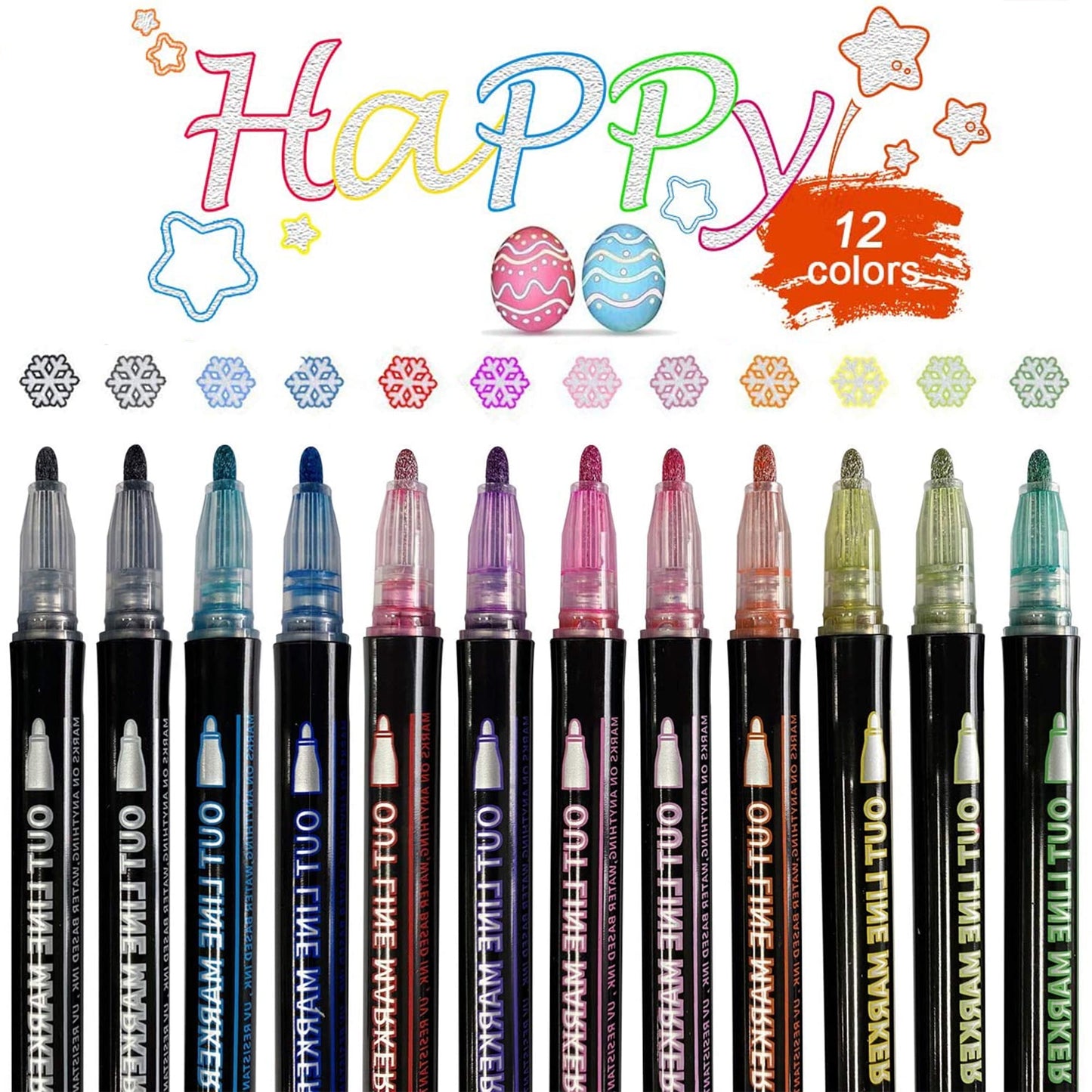 12 Colors Shimmer Outline Markers, Double Line Metallic Pen Set Sparkle Self-Outline Doodle Marker Acrylic Marker Pen