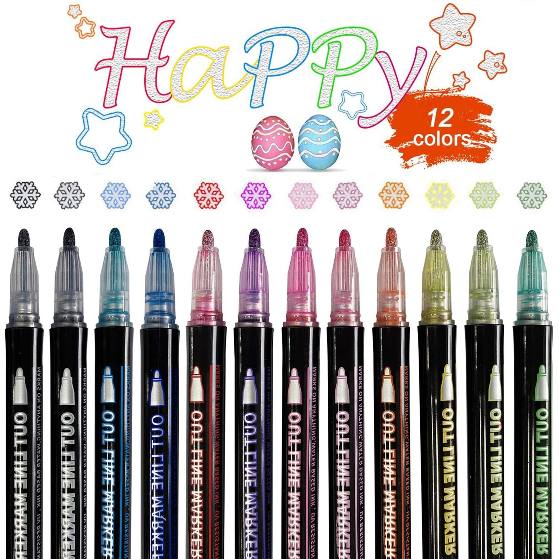 12 Colors Shimmer Outline Markers, Double Line Metallic Pen Set Sparkle Self-Outline Doodle Marker Acrylic Marker Pen